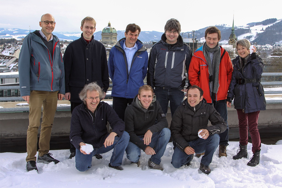 Members of the core team on the roof top of the Science and Planetology building in Bern in Winter 2015. From left to right back row: Stefan Brüngger, Lukas Hofer, Peter Wurz, Jürg Jost, Marek Tulej, Susanne Wüthrich. Front row: Daniele Piazza, Mario Gruber, Daniele Lasi